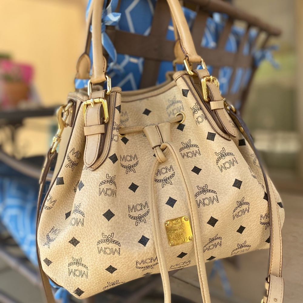 MCM Beige and Black Logo Bucket Bag